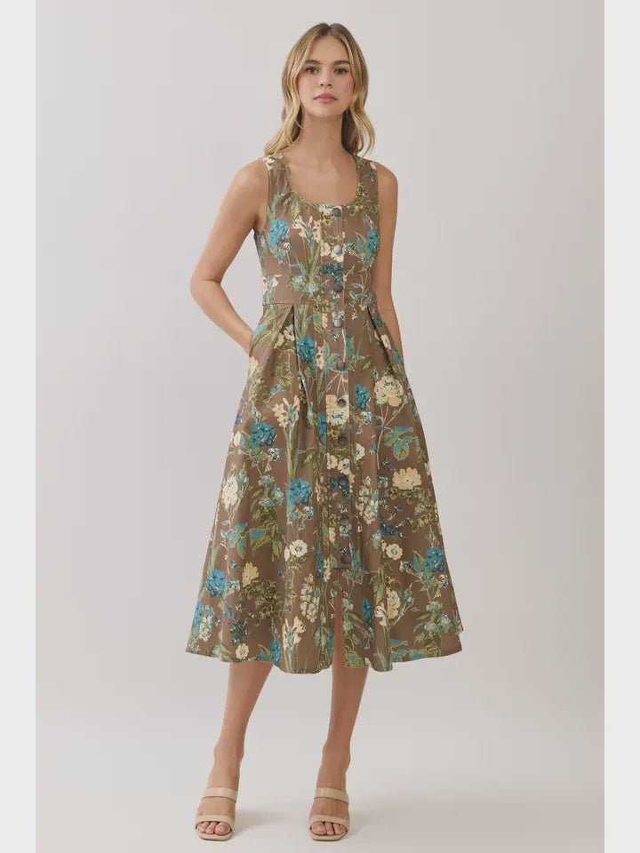 Feeling Fun Brown Floral Midi Dress