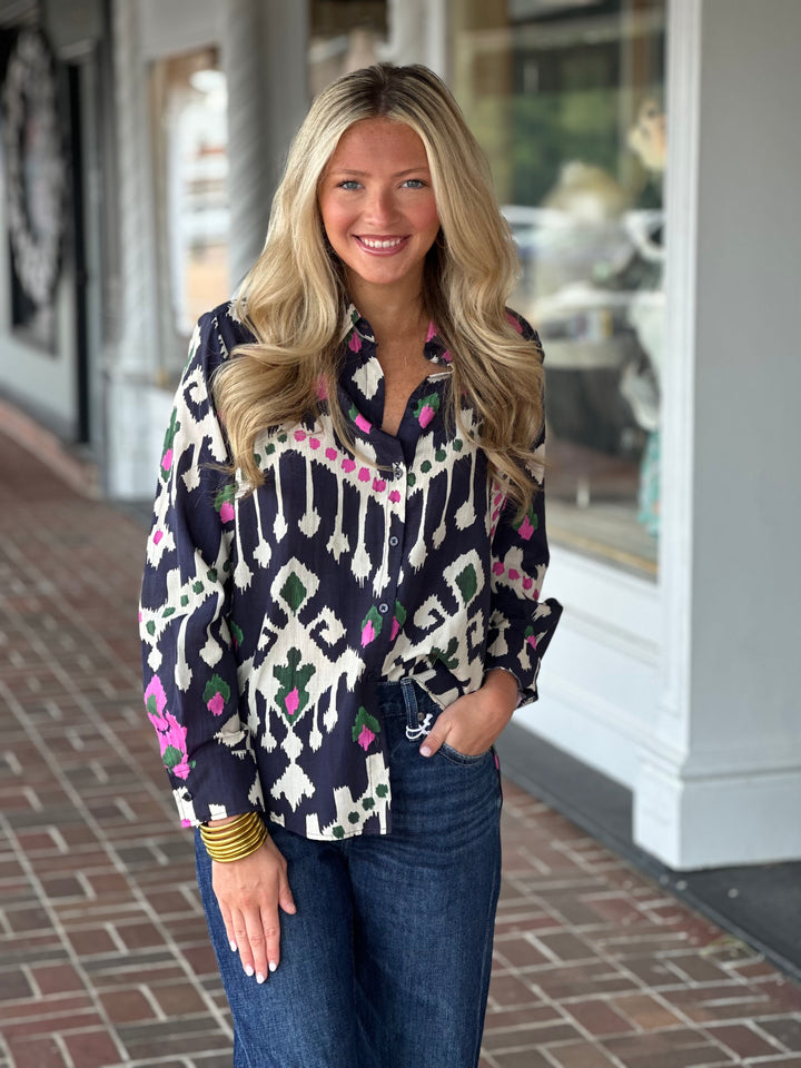 Vilagallo Gaby Ikat Top in Navy