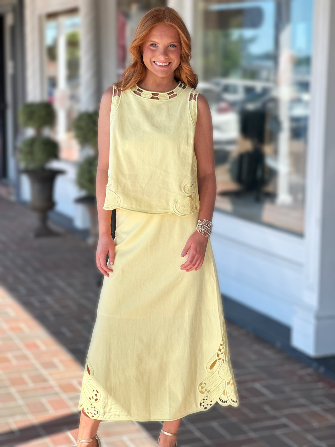 Embroidered Tank and Midi Skirt Set with Cut-Outs in Lemon Yellow