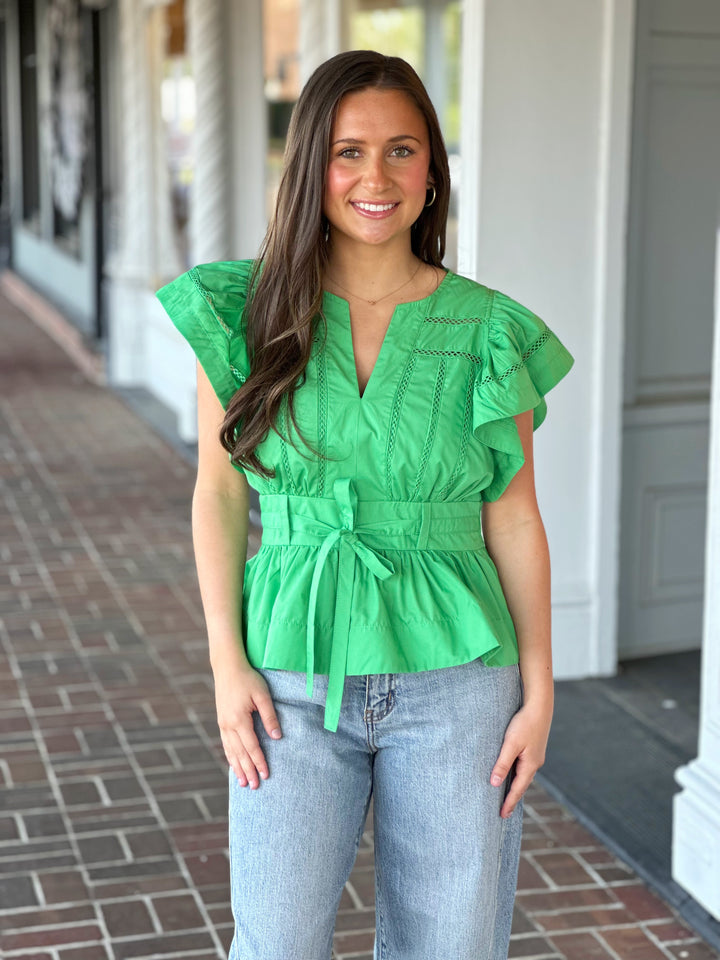 No Worries Here Peplum Top in Green
