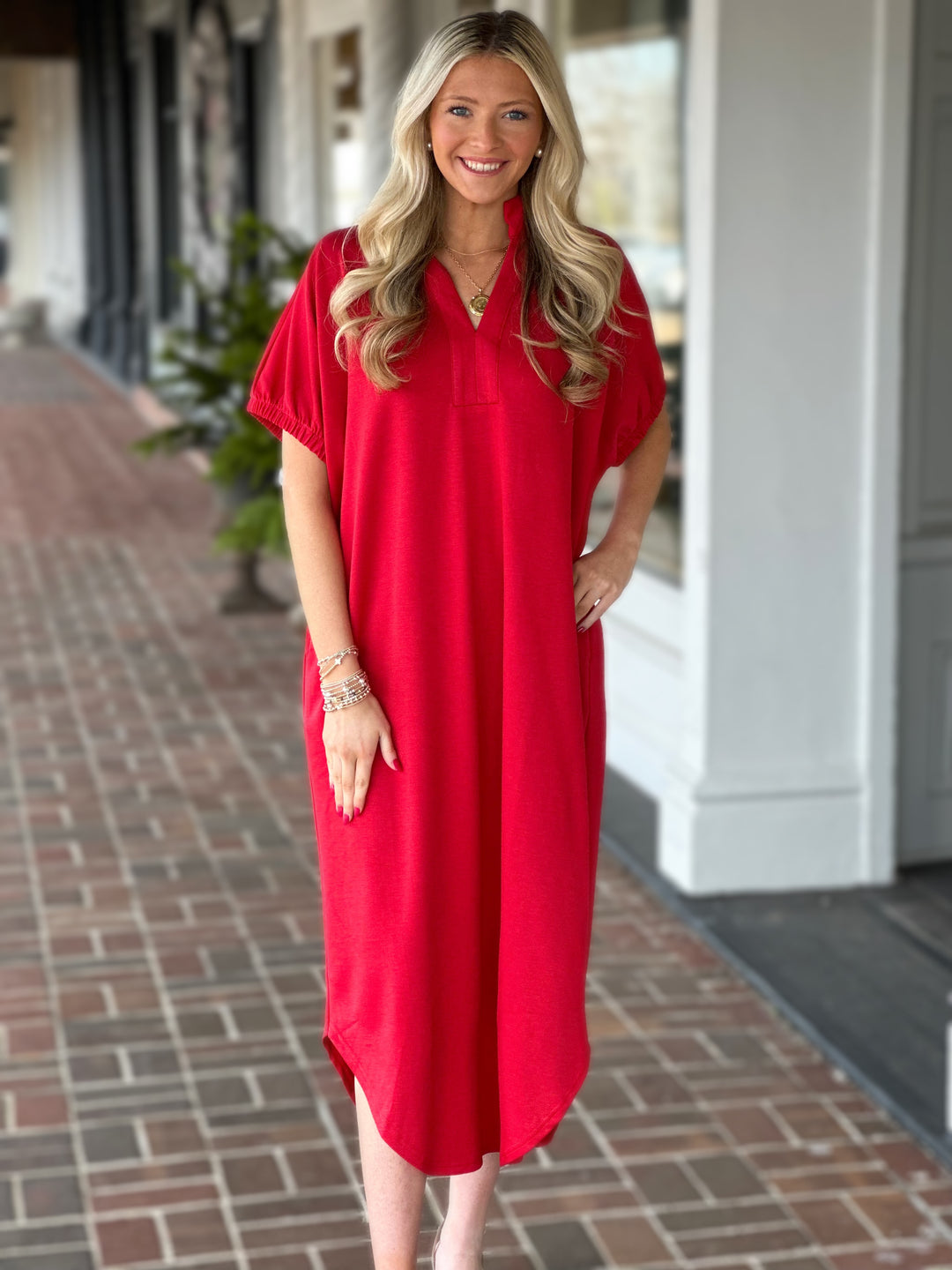 red midi dress with pockets Women's Meet Me Downtown Red Zip Front Midi Dress | Size: L