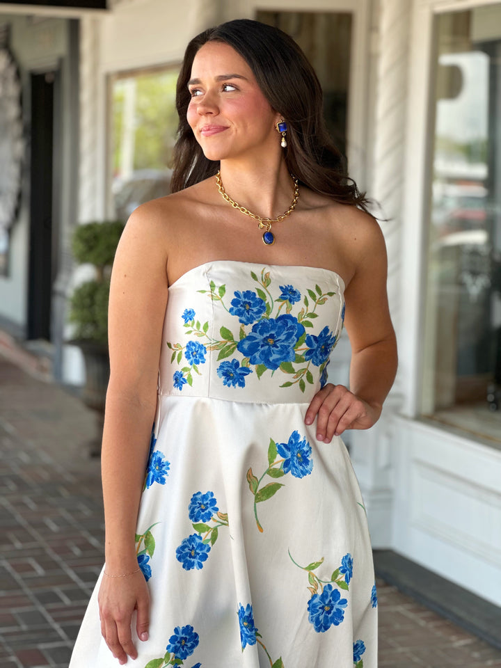 Blue Floral Printed Woven Midi Dress