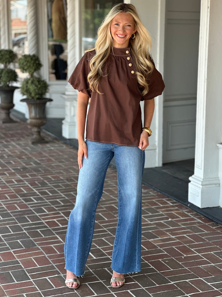 As Time Files Brown Puff Sleeve Top