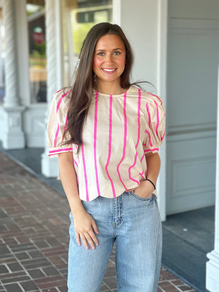 New Chapter Pink Stripe Printed Cream Top