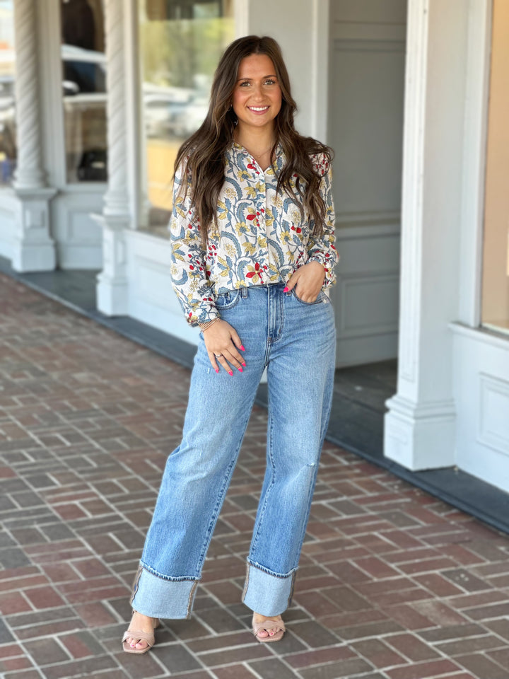 Dylan Pocket Denim Floral Button Down Top
