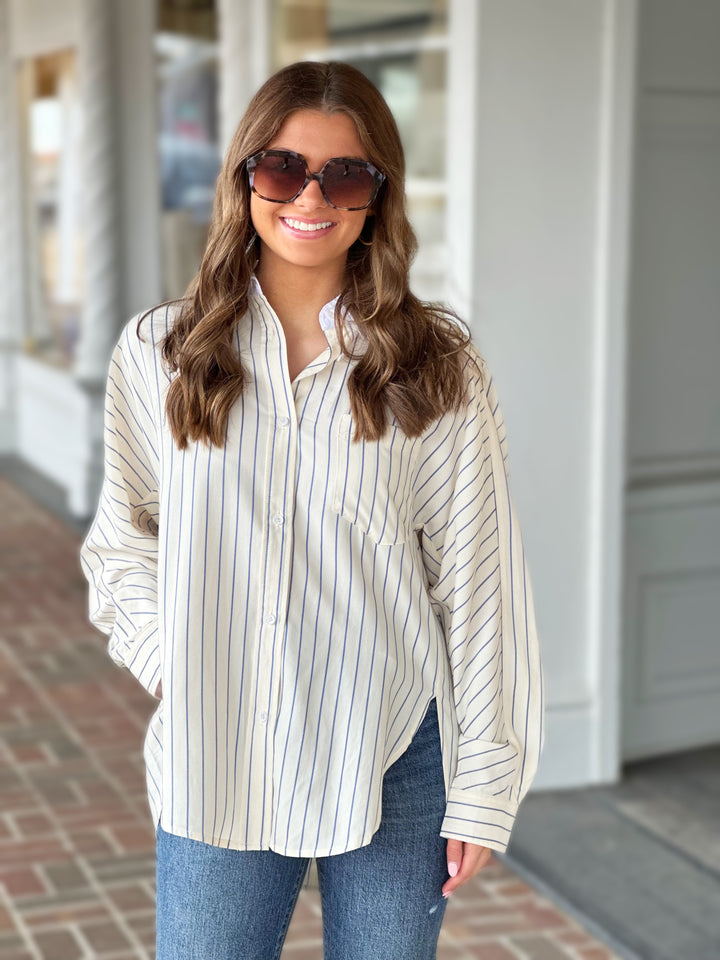 Sophisticated Navy Stripe Cream Blouse