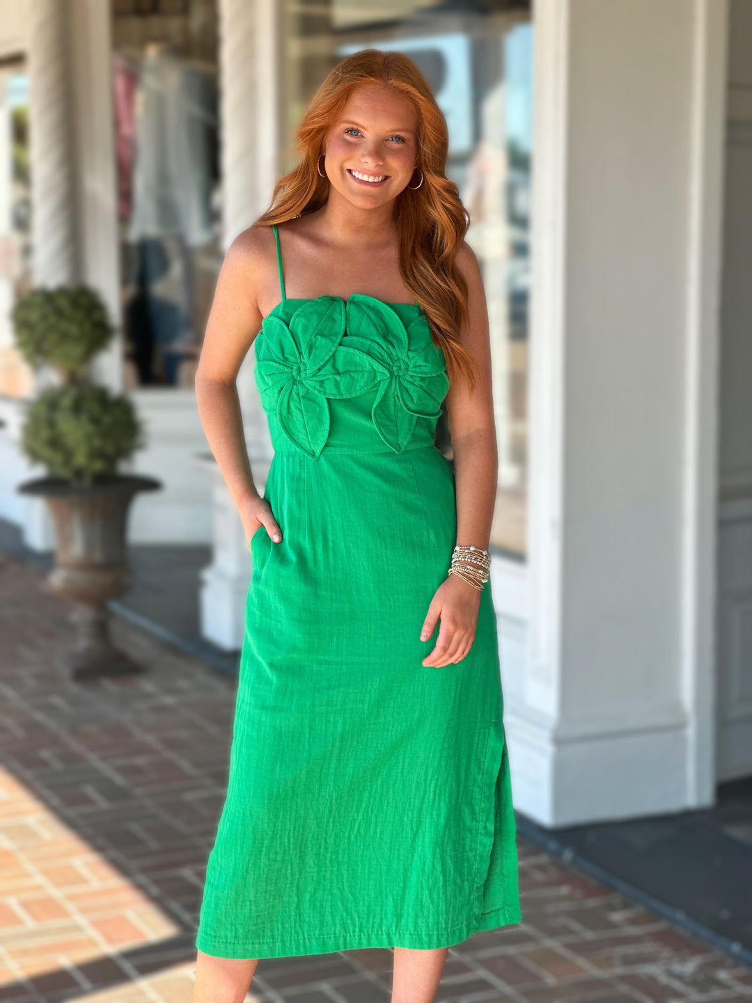 Green 3d Floral Appliqué Midi Dress