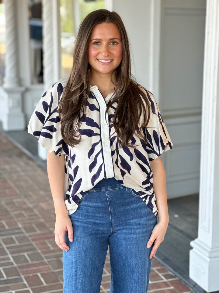 On The Top Navy Printed Cream Top