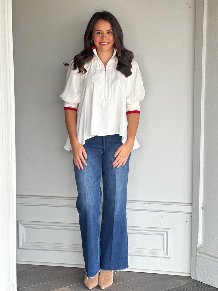 Mock Neck Band Puff Sleeve Blouse in White