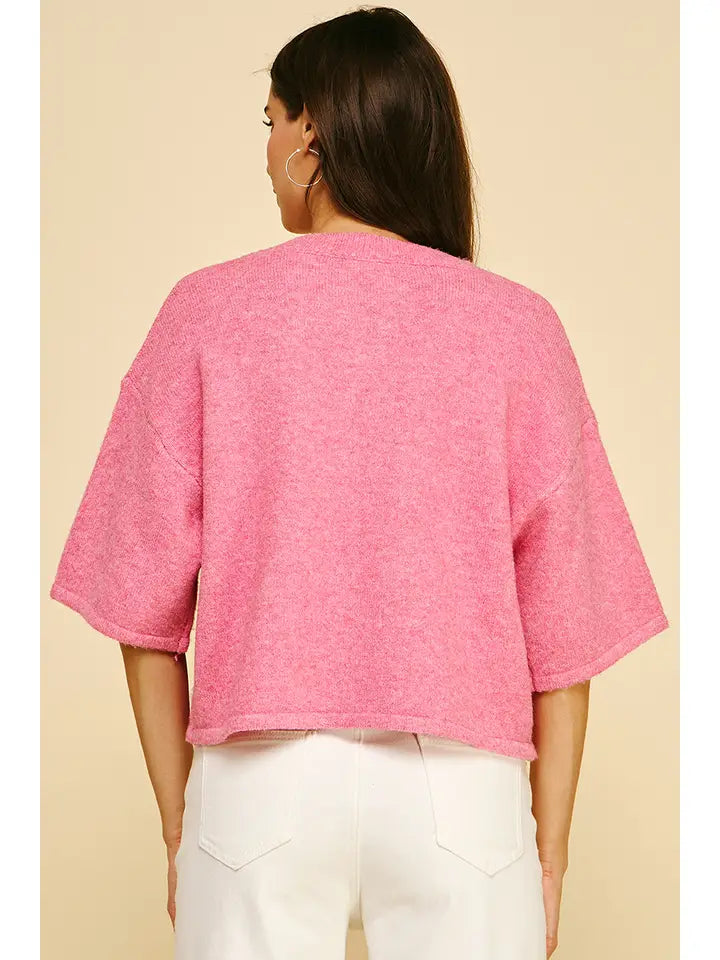 Button Down Short Sleeve Sweater Top in Pink