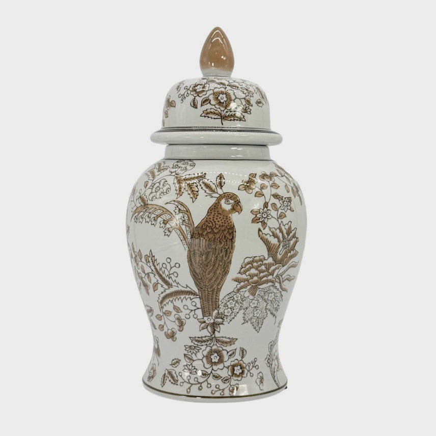 Brown & White Parrot Chinoiserie Ginger Jar 14"