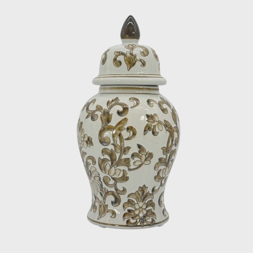 Brown & White Floral Chinoiserie Ginger Jar 14"