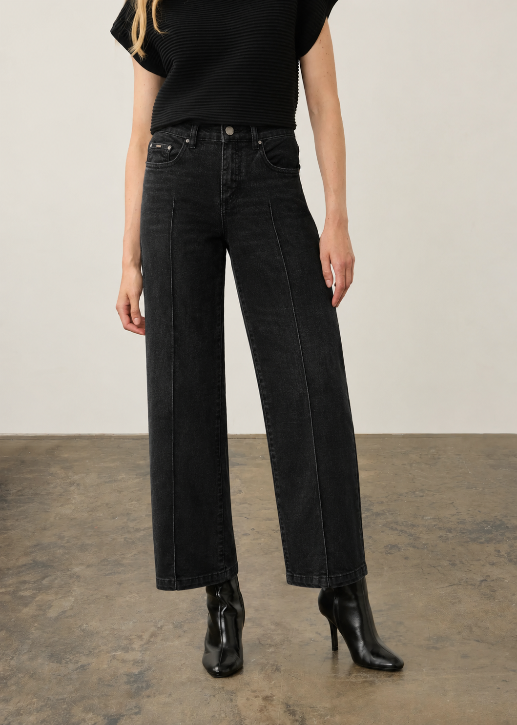 French Dressing Olivia Pintuck Wide Leg Jean in Deep Black
