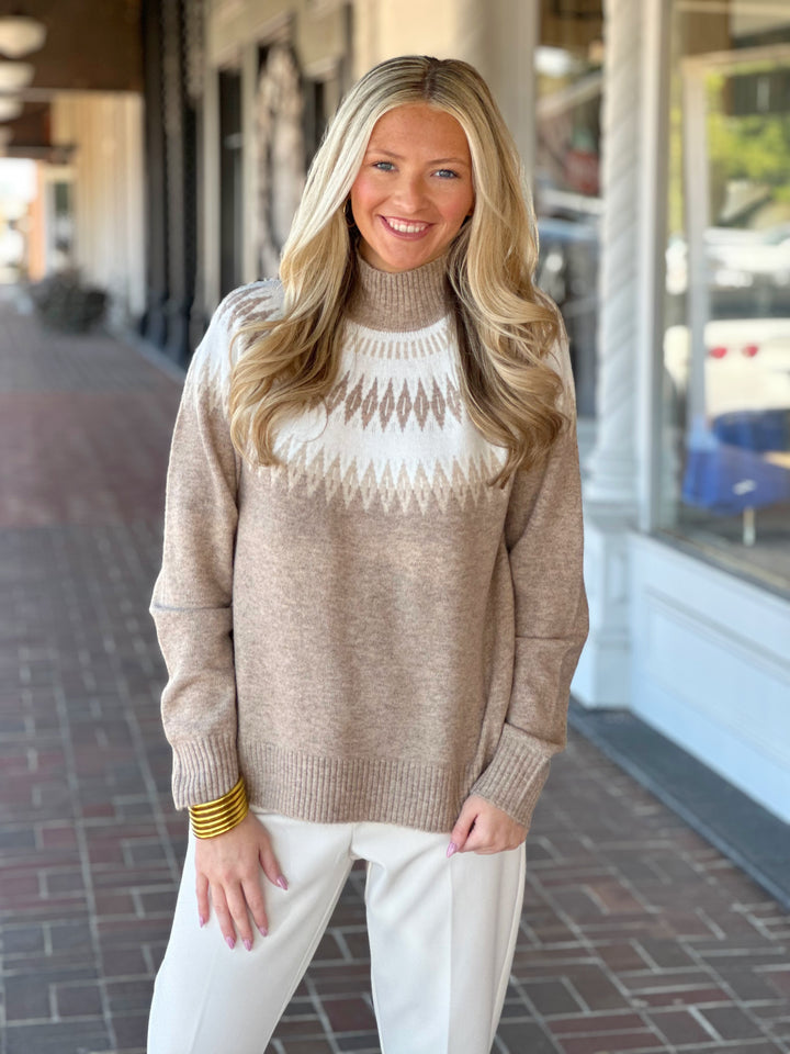 Charlie B Jacquard Mock Neck Beige Sweater