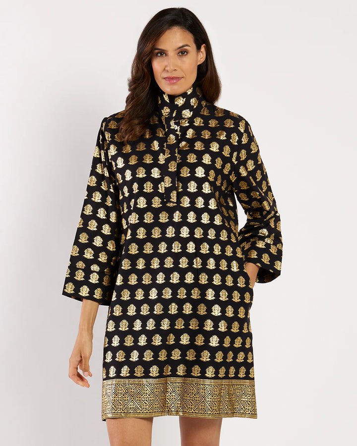 Jude Connally Helen Dress in Foulard Border Black Gold