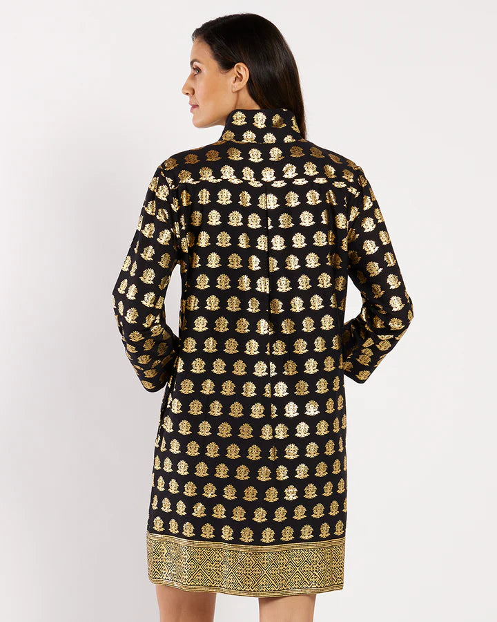 Jude Connally Helen Dress in Foulard Border Black Gold
