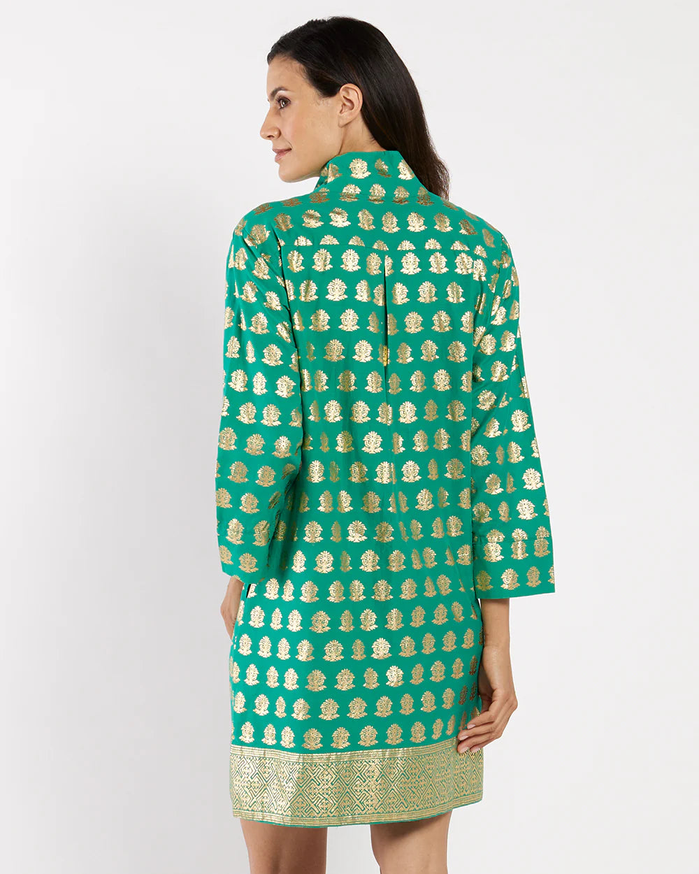 Jude Connally Helen Dress Cotton Voile in Foulard Border Jade Gold