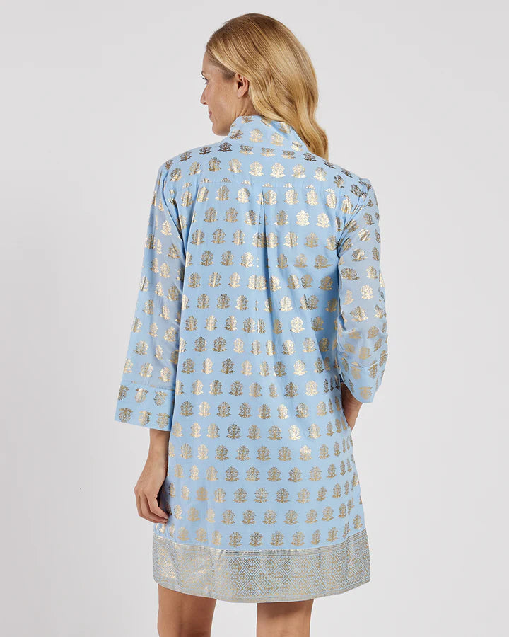 Jude Connally Helen Dress Cotton Voile in Foulard Border Lt Blue Gold