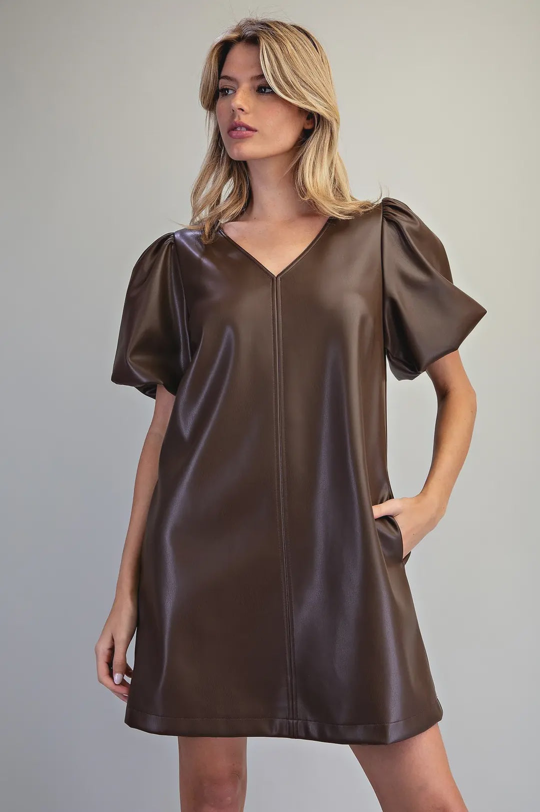 Come Together Brown Leather Mini Dress