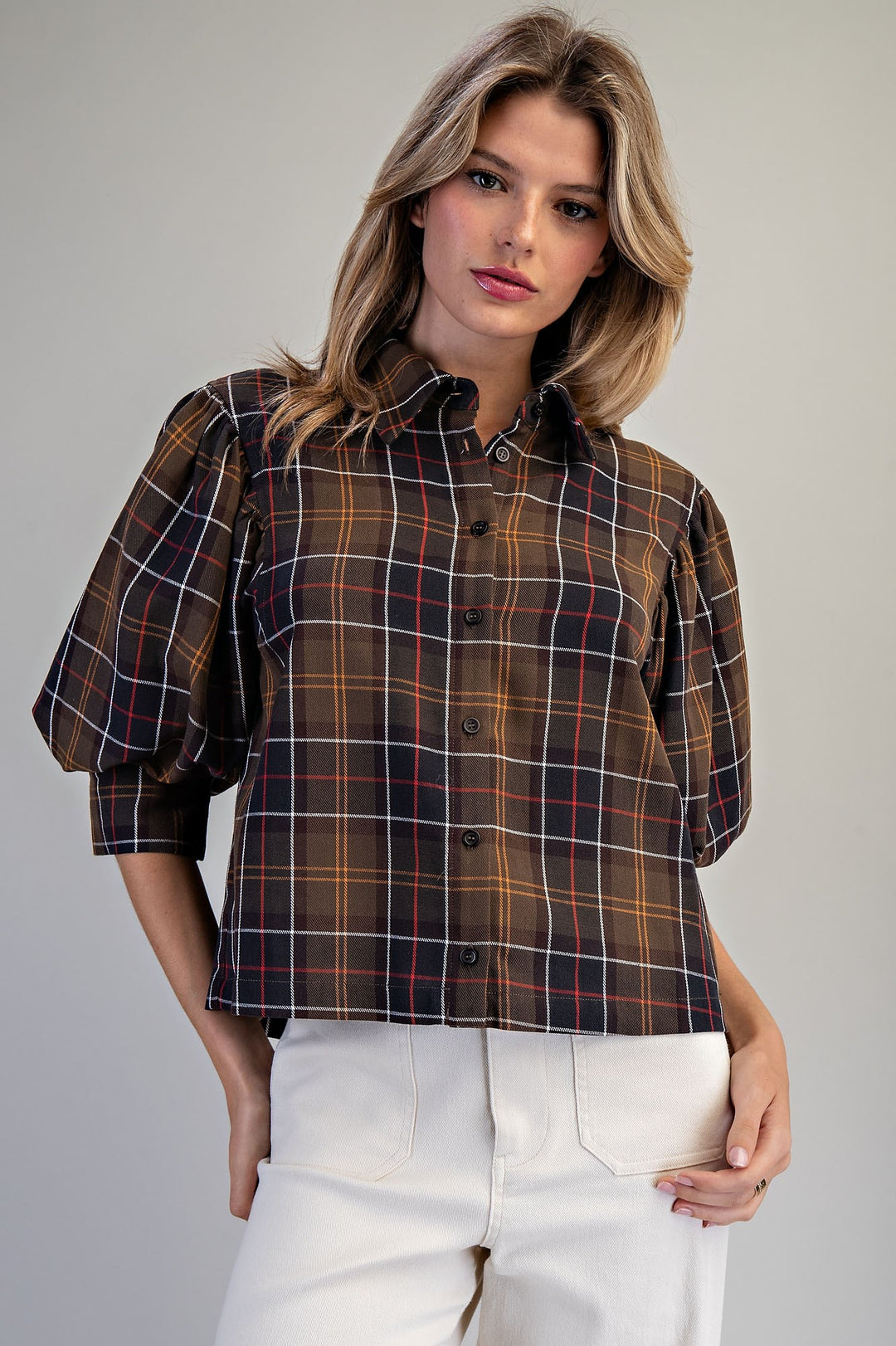 Came Back Better Ochre Olive Plaid Top