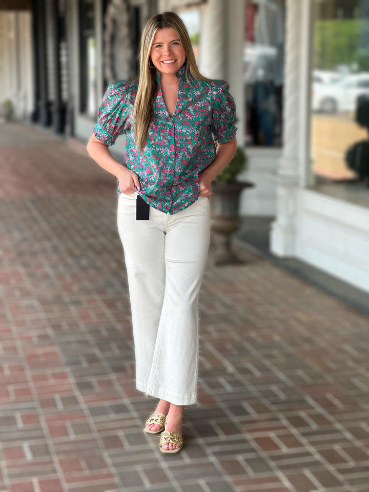 Pink Floral Printed Top in Green