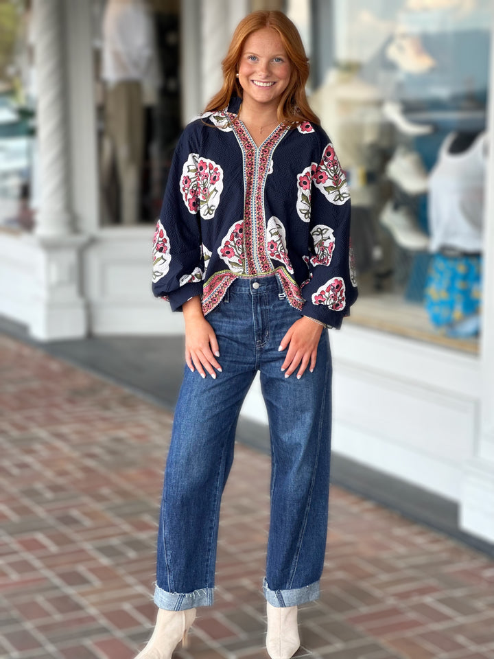 Boho Floral Neck Printed Navy Top