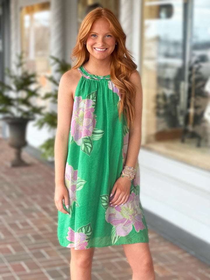 Green Floral Print Halter Dress