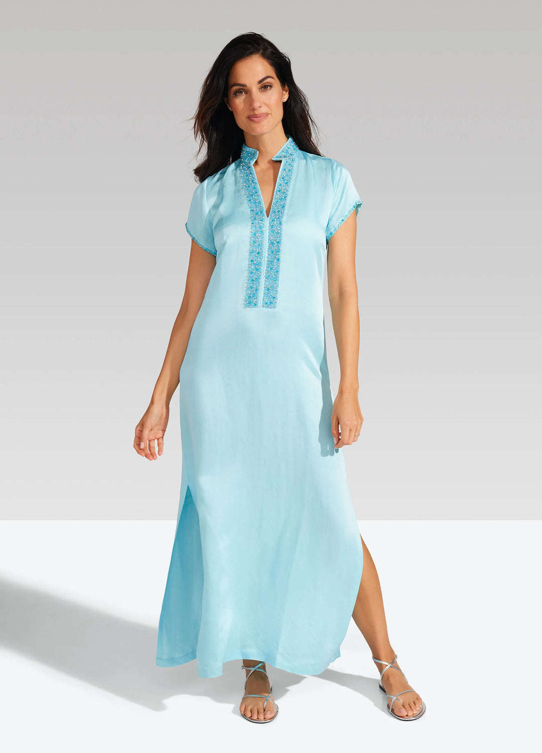 bella tu Meg Cap Sleeve Caftan Dress in Pool Blue