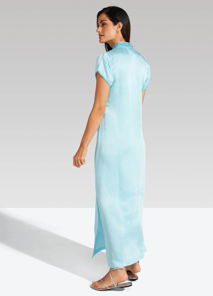 bella tu Meg Cap Sleeve Caftan Dress in Pool Blue