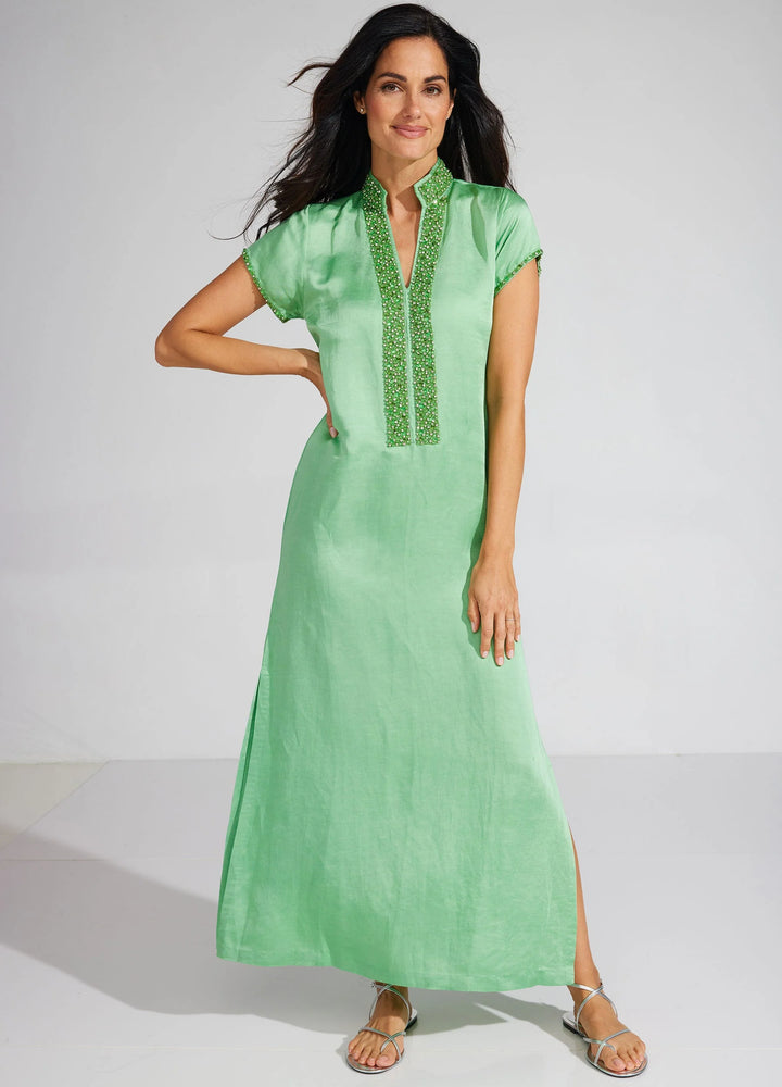 bella tu Meg Cap Sleeve Caftan Dress in Green Pear