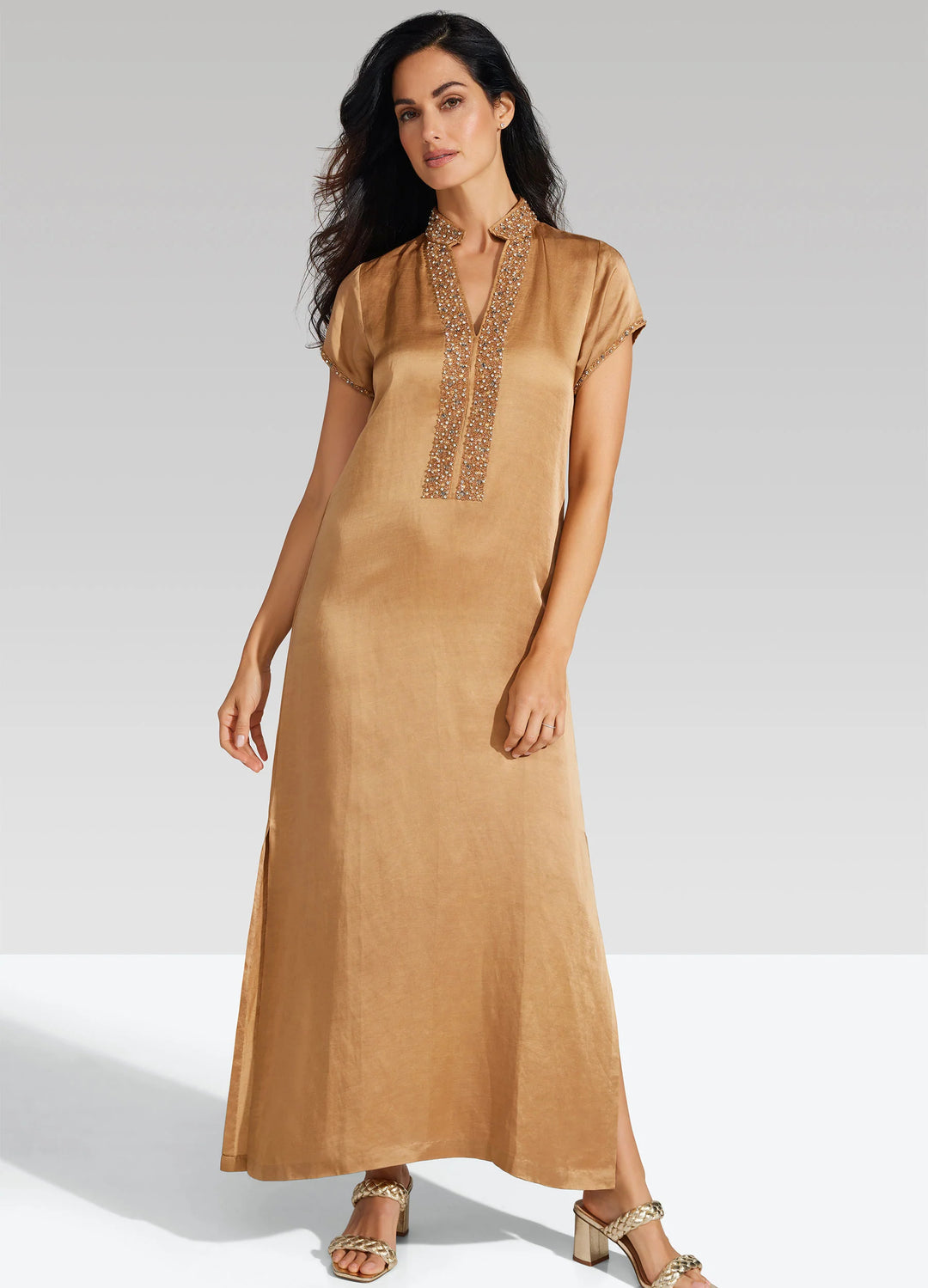 bella tu Meg Cap Sleeve Caftan Dress in Almond