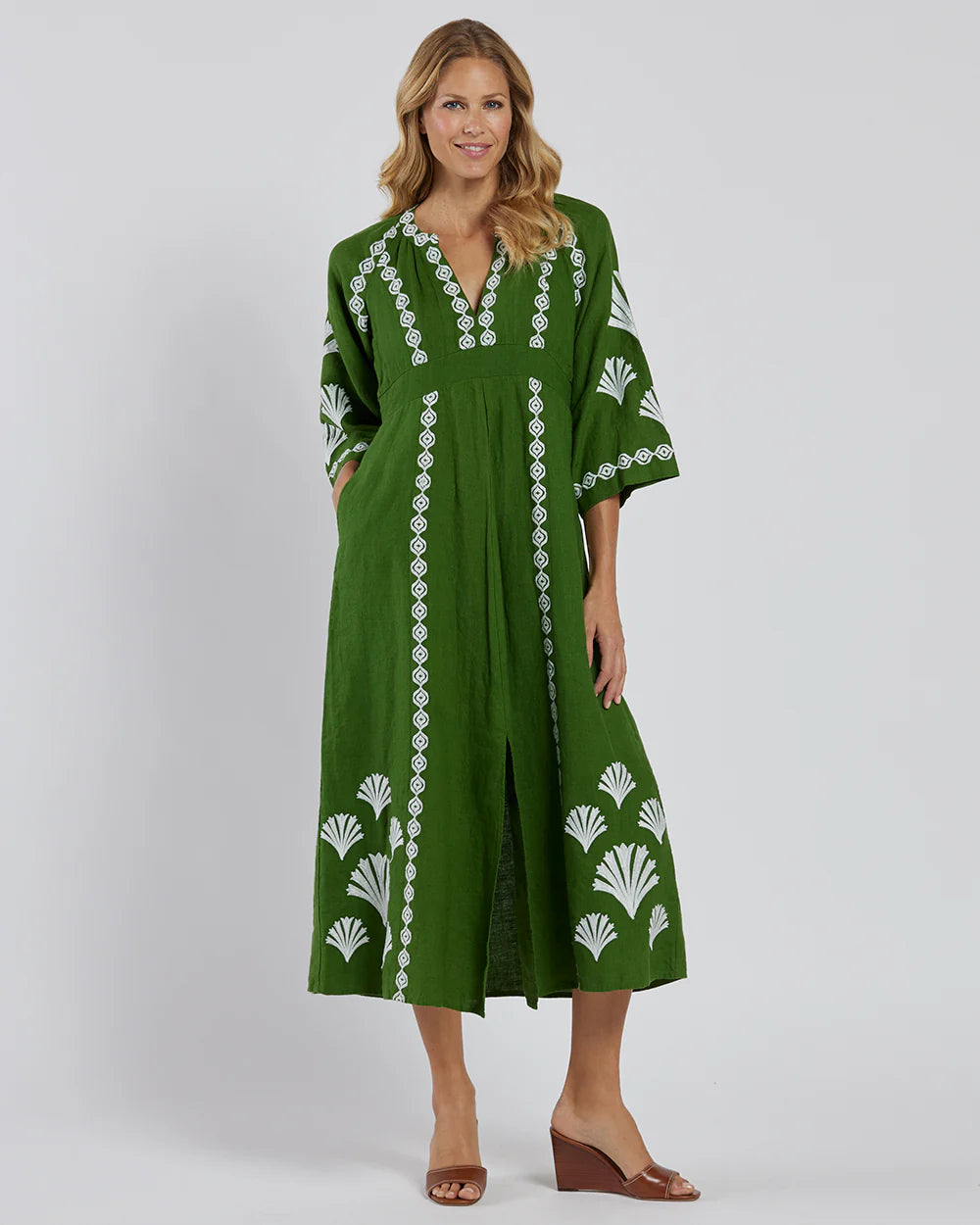 Jude Connally Clementine Dress Linen in Garden Green White