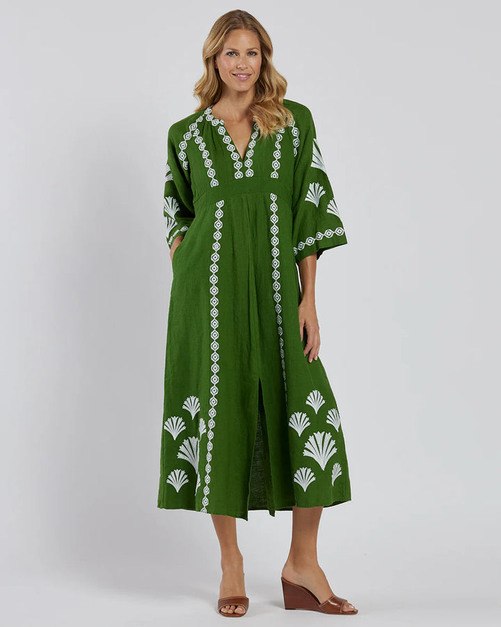 Jude Connally Clementine Dress Linen in Garden Green White