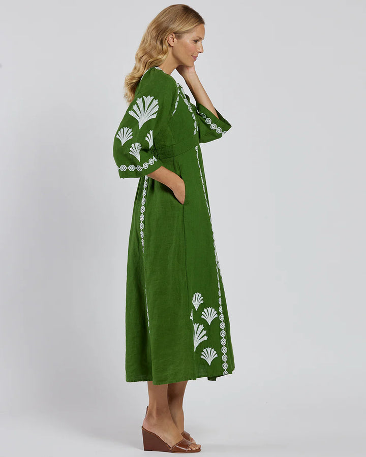 Jude Connally Clementine Dress Linen in Garden Green White