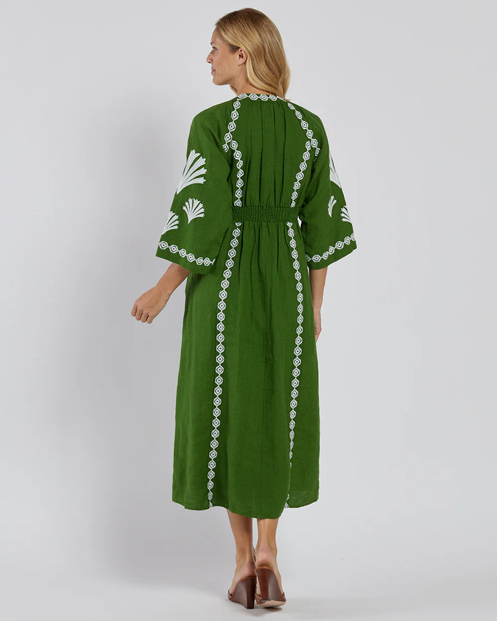 Jude Connally Clementine Dress Linen in Garden Green White