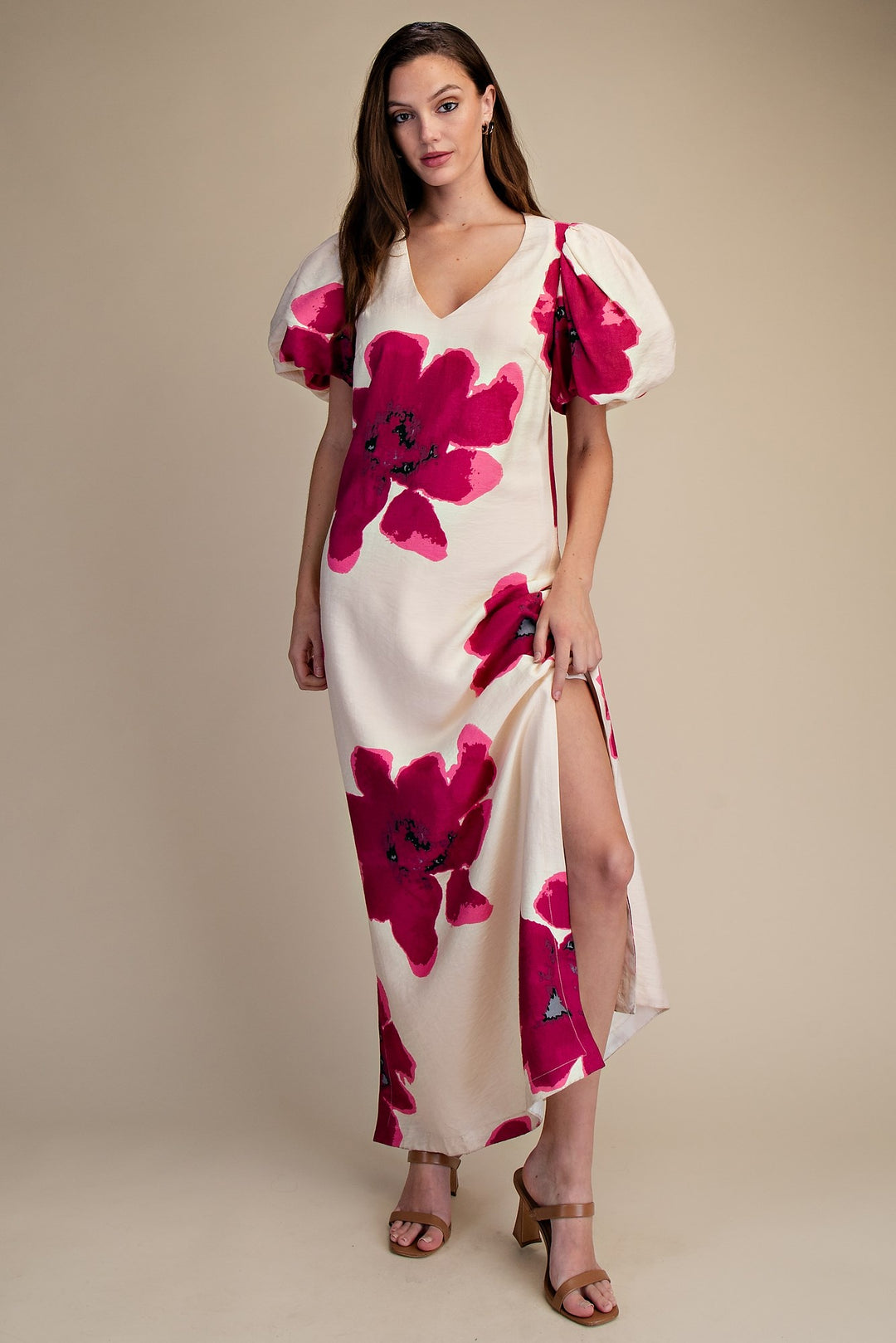 Puff-Sleeve A-Line Maxi Dress in Fuschia – Sugar & Spice