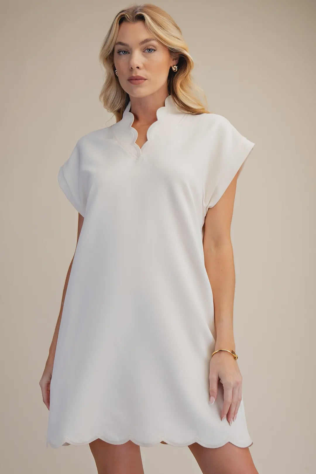 Scallop V-Neck Mini Dress in Beige Scallop V-Neck Mini Dress in Beige