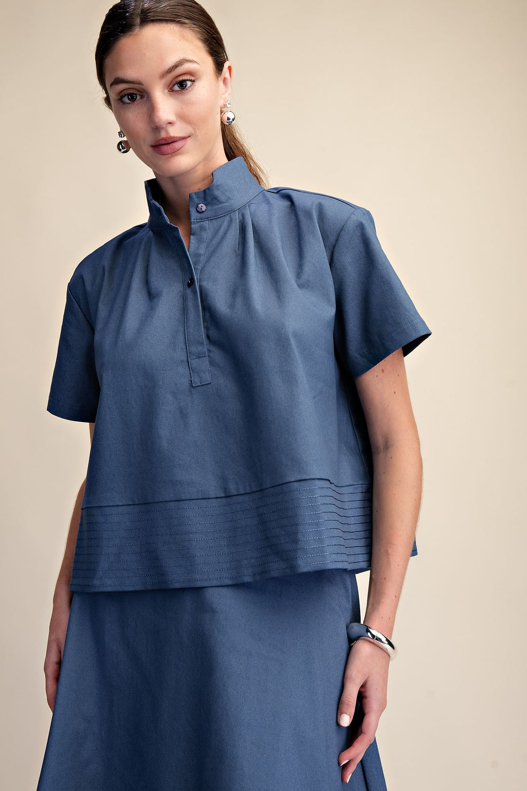 Stand Collar Short Sleeve Stitch Detail Shirt in Indigo