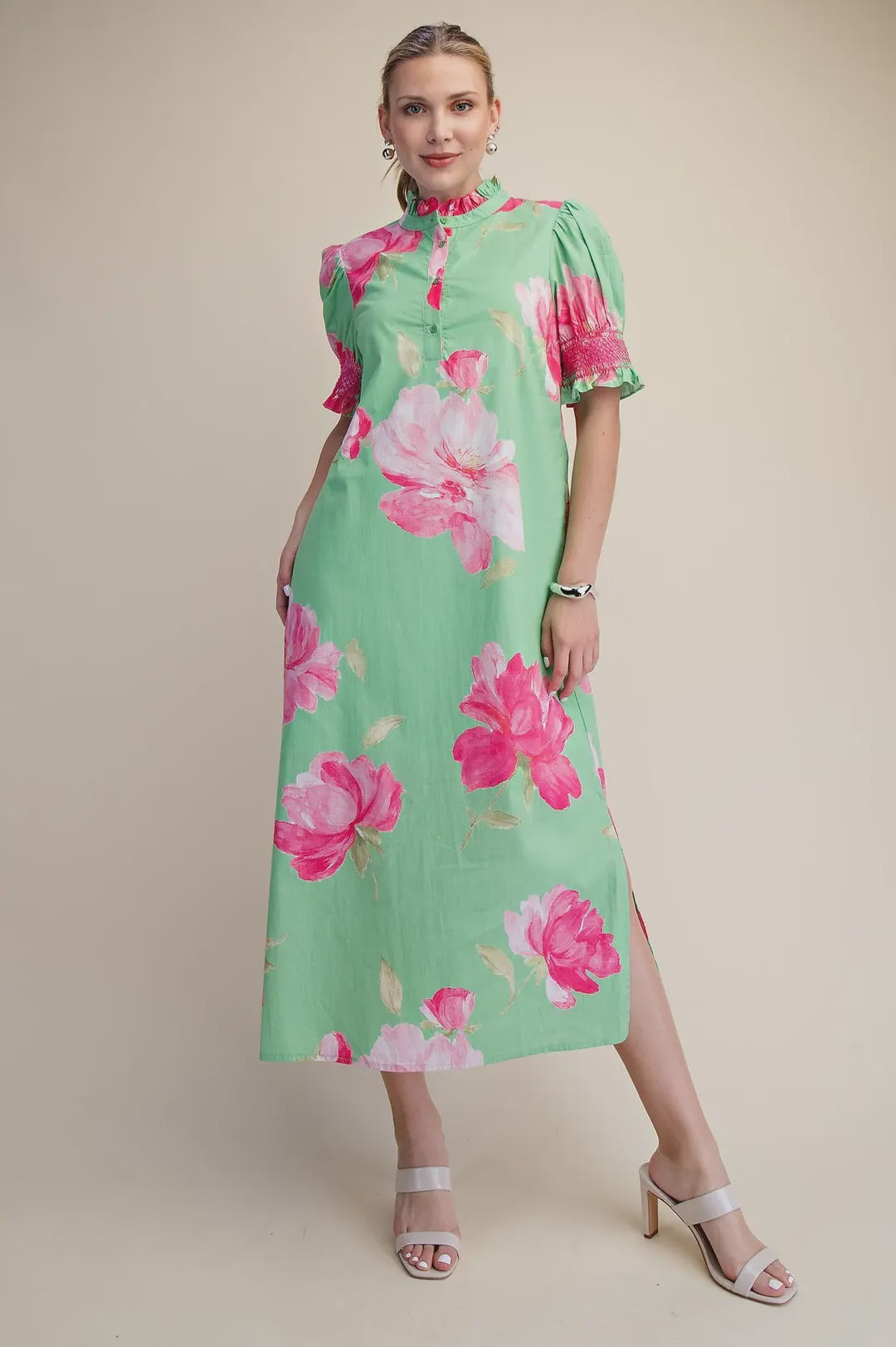 Lime Ruffle Neck Puff Sleeve Button Placket Floral Print Midi Dress