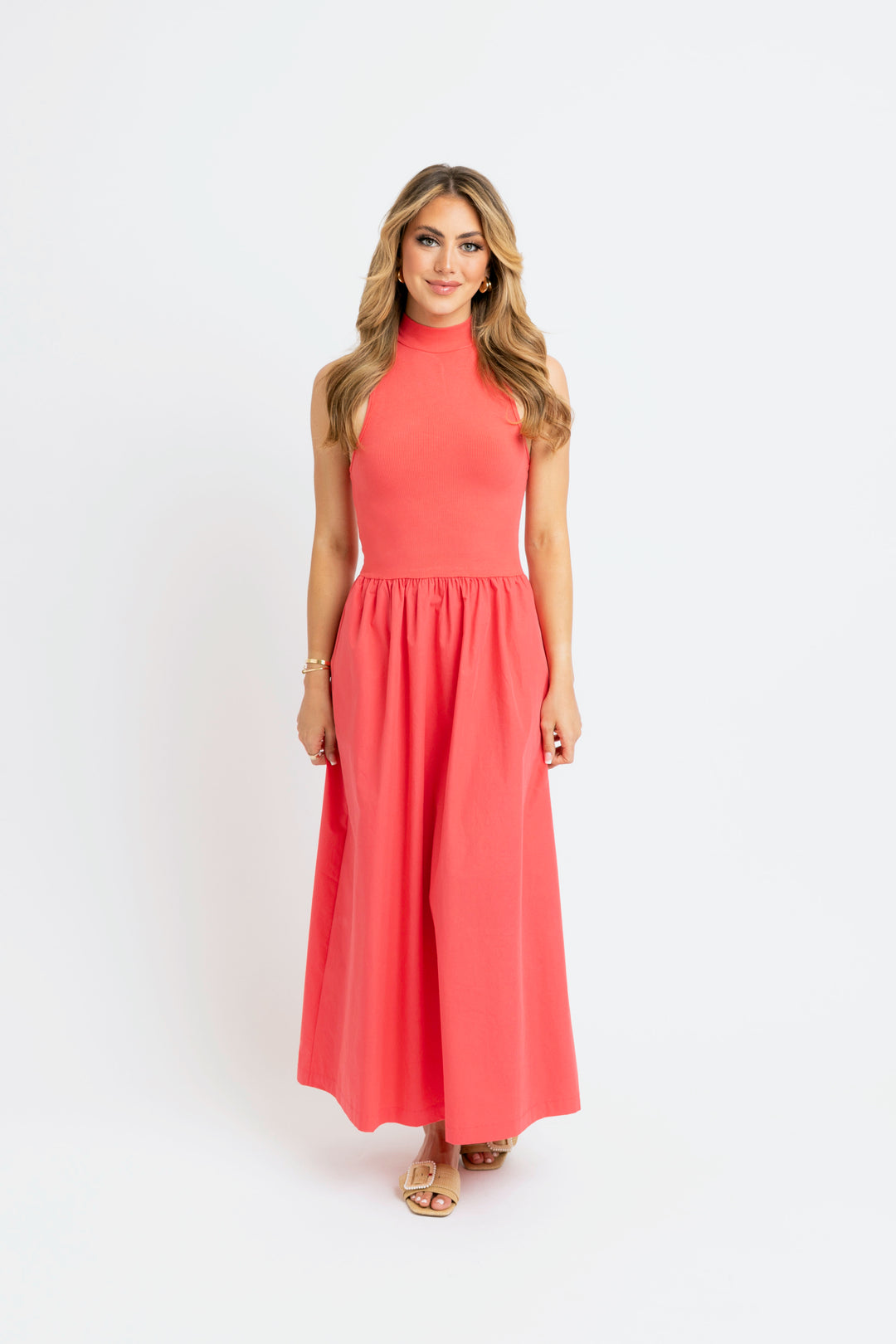 Coral Solid Mock Maxi Dress
