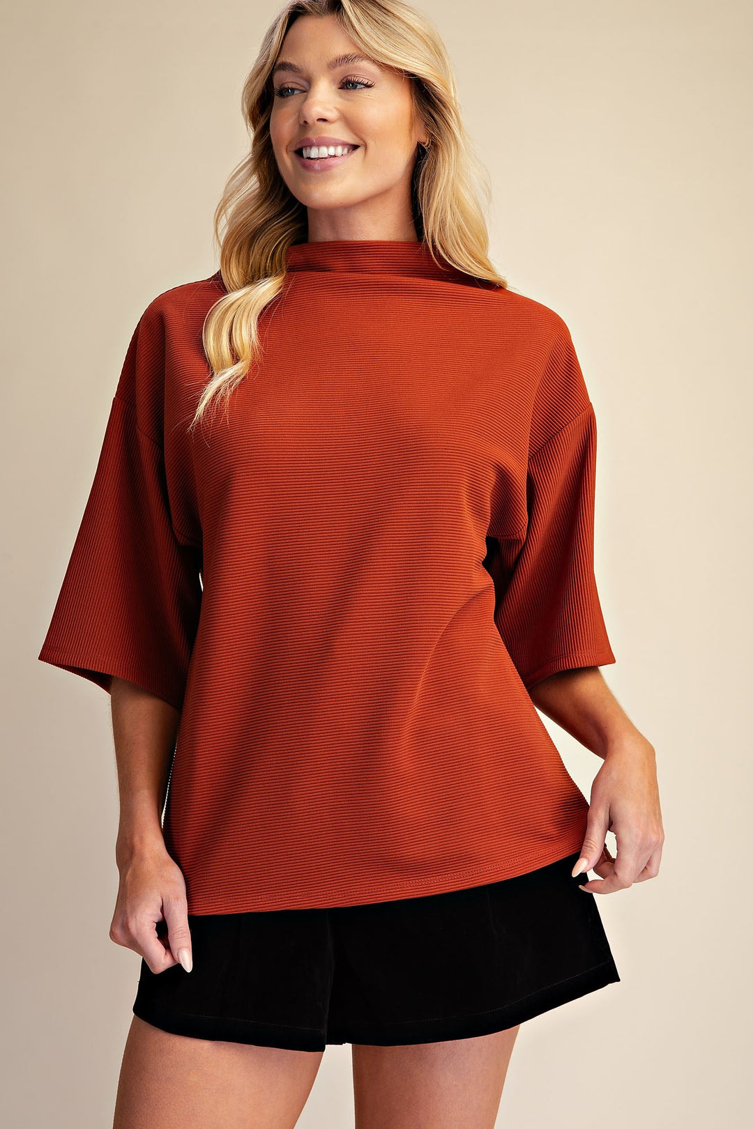 Mock Turtleneck Short Sleeve Top in Rust