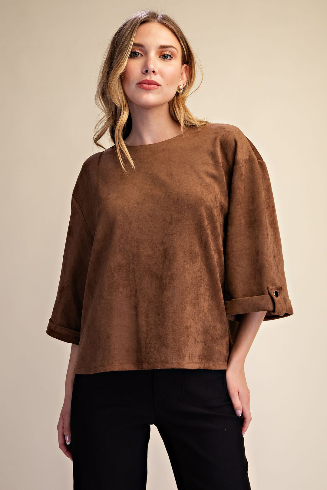 Wide Sleeve Cuff Pullover Top in Brown