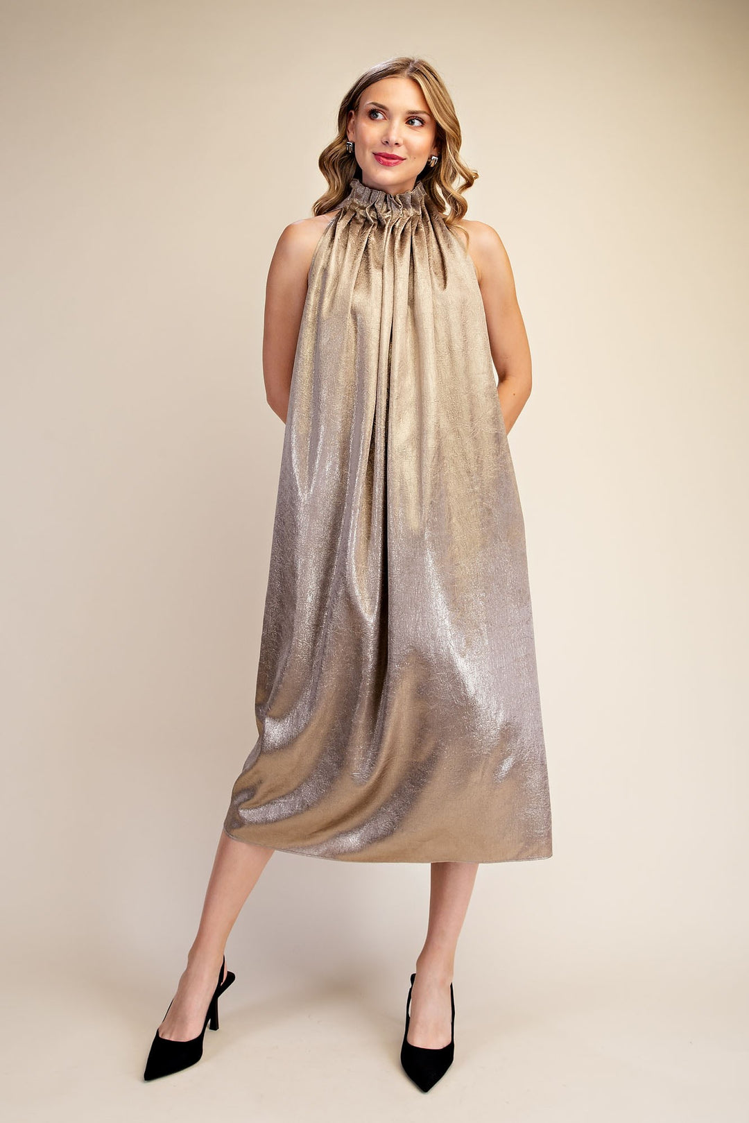 Metallic Effect Halter Midi Dress in Mocha