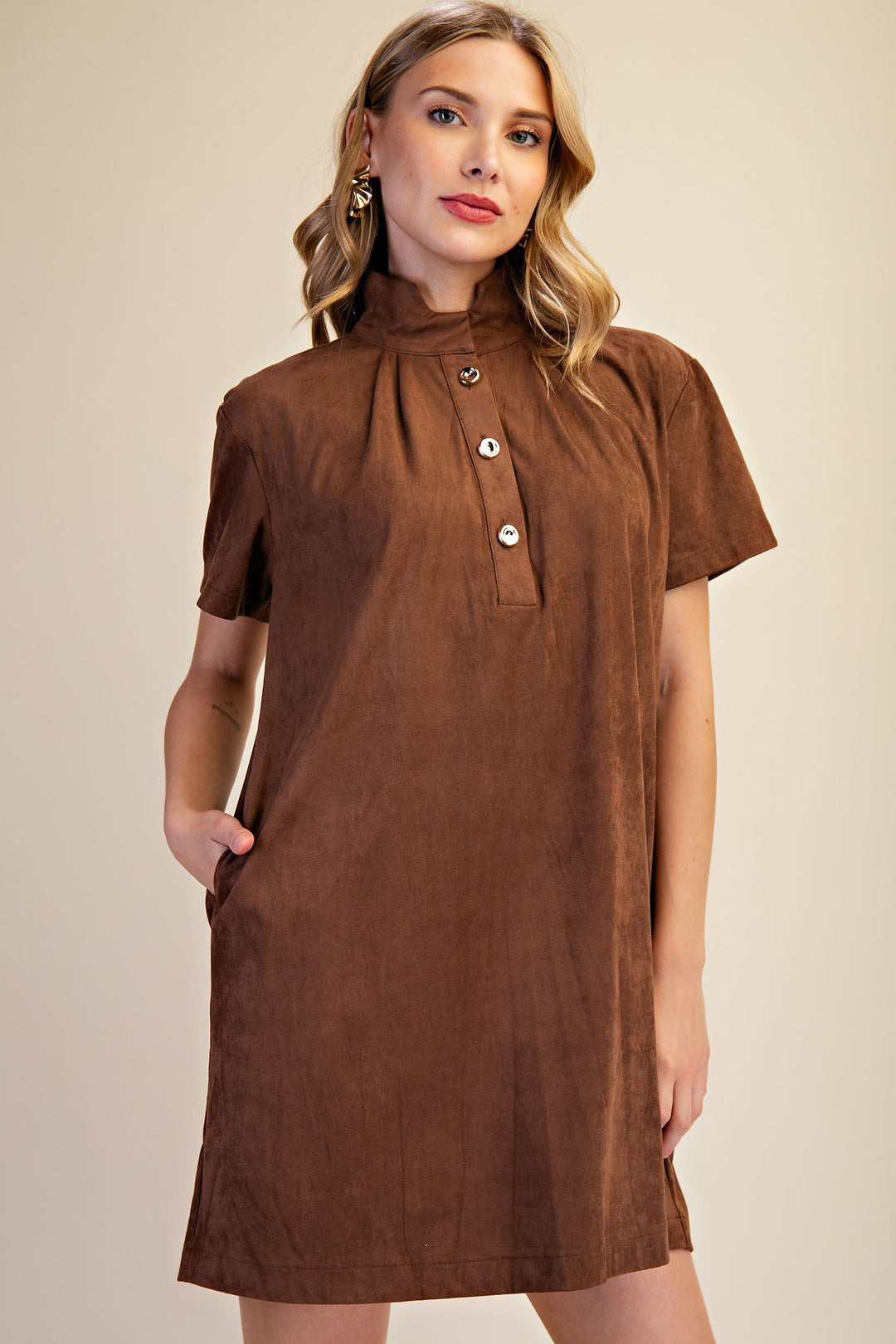 Stand Collar Brush Mini Dress in Brown