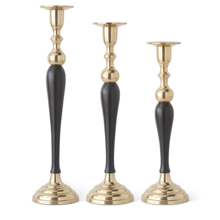 Set of 3 Gold Metal & Dark Wood Taper Candleholders