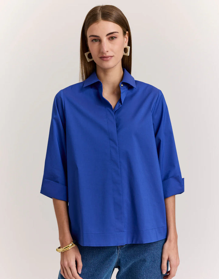 Hinson Wu Xena 3/4 Sleeve Zip Back Shirt in Lapis Blue