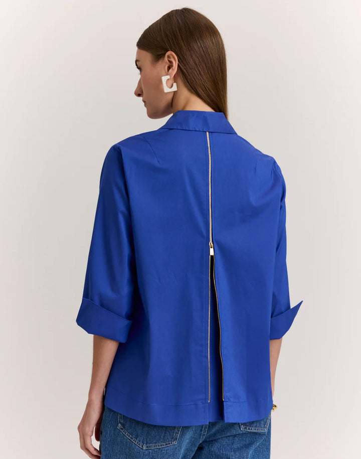 Hinson Wu Xena 3/4 Sleeve Zip Back Shirt in Lapis Blue