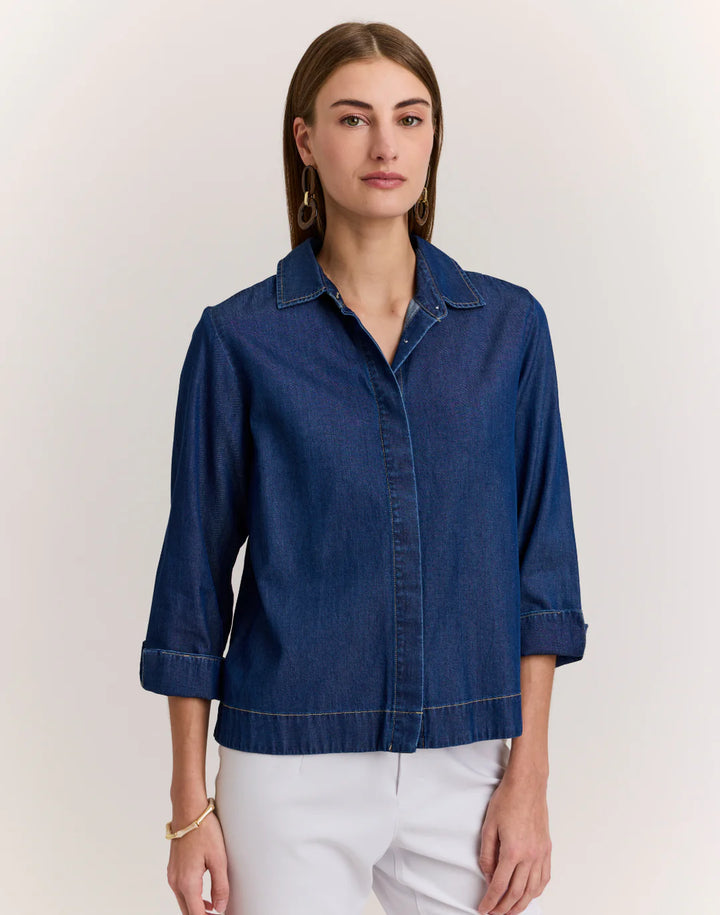 Hinson Wu New Xena 3/4 Sleeve Denim Shirt in Dark Wash