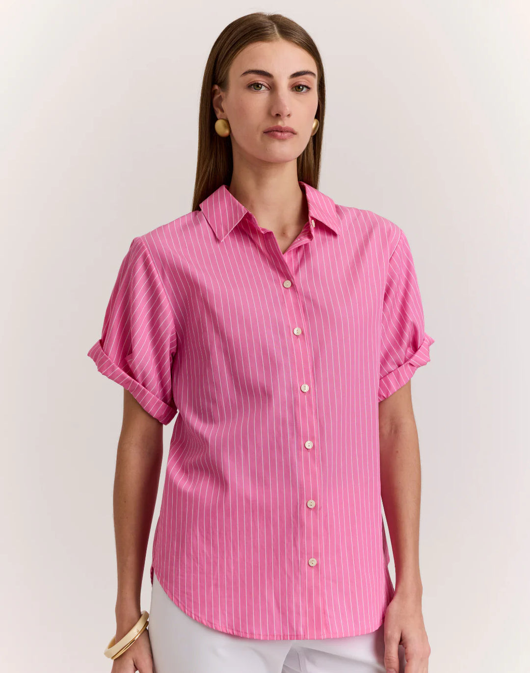 Hinson Wu Lucie Short Sleeve Pencil Stripe Shirt in Guava/White