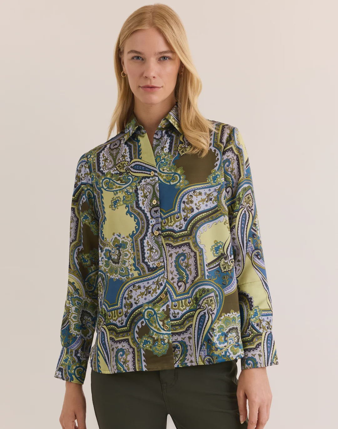 Hinson Wu Margot Long Sleeve Opulent Paisley Shirt in Olive